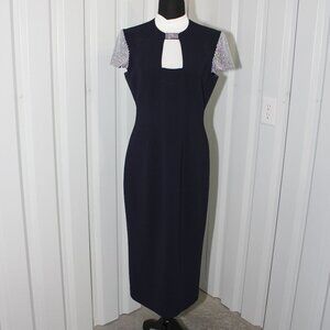 Lucian Matis Womens Navy Blue Jeweled Sleeve Neck Cocktail Dress Size 8 EUC